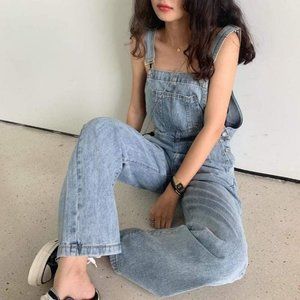 Cute Denim Overalls Light Wash Jean Dungarees Summer Aesthetic Cottagecore Kawai